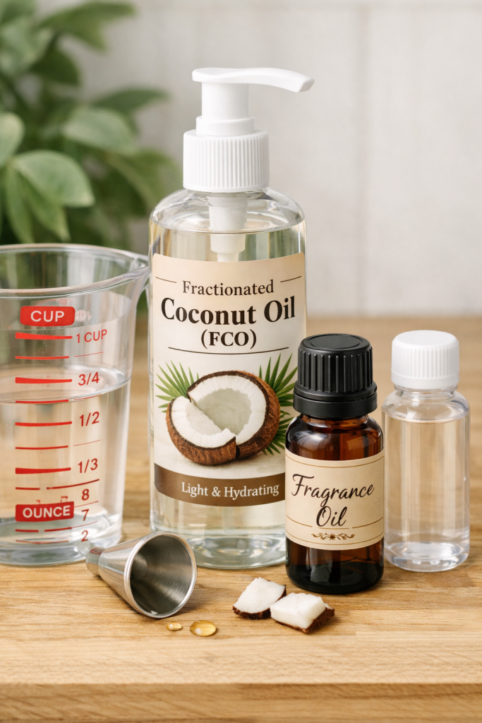 Fractionated coconut oil and fragrance oil measured for 75 25 DIY plug-in refill ratio