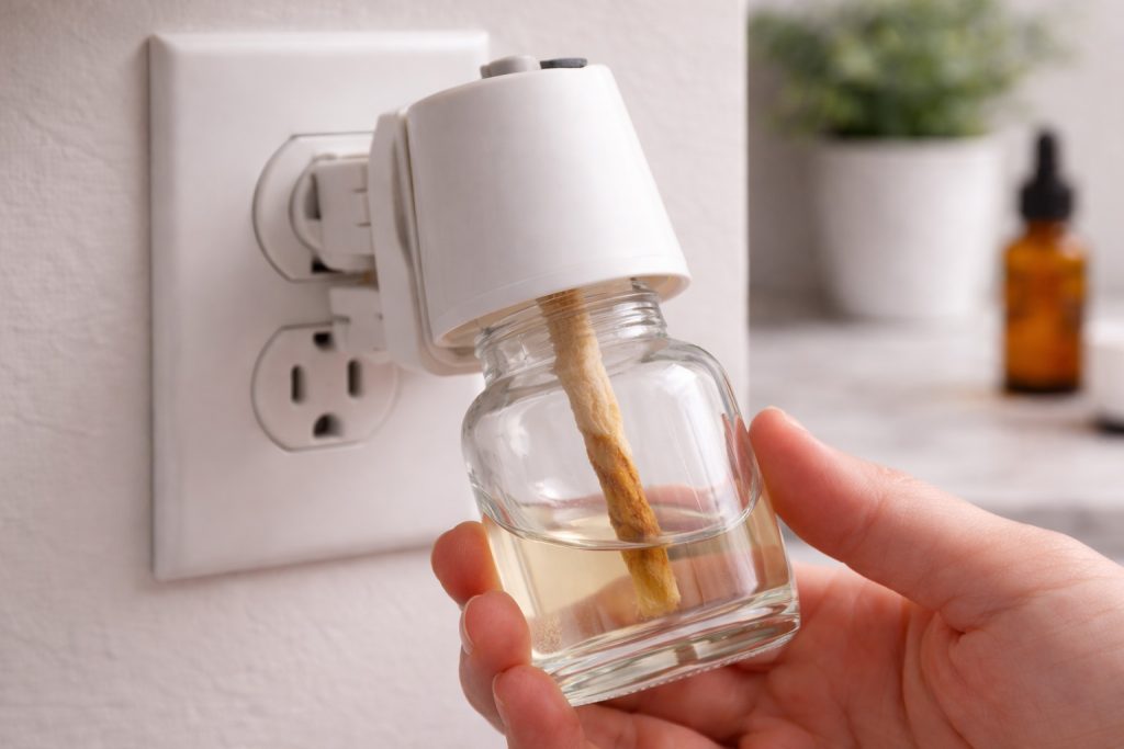 Plug-in air freshener bottle with clogged wick and low liquid level
