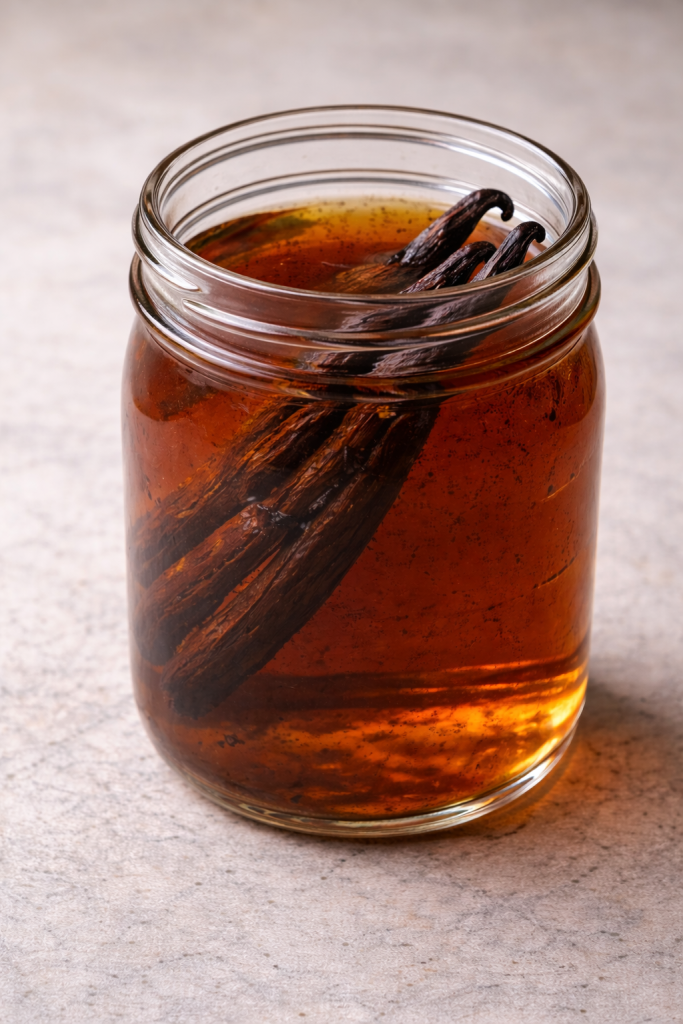 Wide-mouth mason jar with a vanilla bean soaking in darkened alcohol, showing stalled flavor development over time